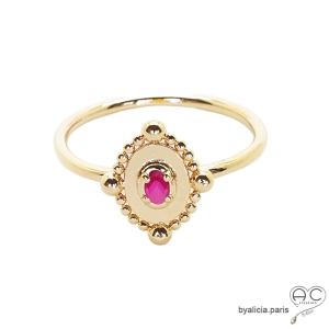Bague fine sertie d'une pierre rouge, en plaqué or 3MIC et zirconium, ovale, empilable, femme