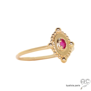 Bague fine sertie d'une pierre rouge, en plaqué or 3MIC et zirconium, ovale, empilable, femme