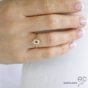 Bague fine sertie d'une pierre rouge, en plaqué or 3MIC et zirconium, ovale, empilable, femme