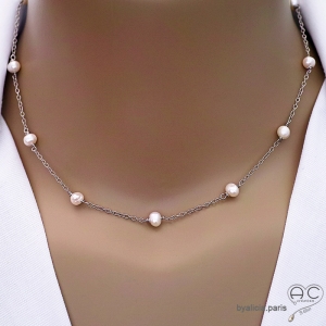 collier ras du cou femme en parles naturelles blanches sur une chaîne fine en argent massif fait main sur mesure