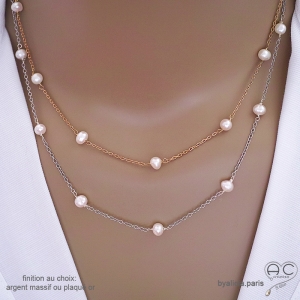 Collier femme avec perles de culture blanches parsemée sur une chaîne fine en plaqué or ou en argent