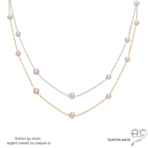 collier sautoir en perles roses de culture d'eau douce sur une chaîne fine en plaqué or ou en argent massif rhodié fait main