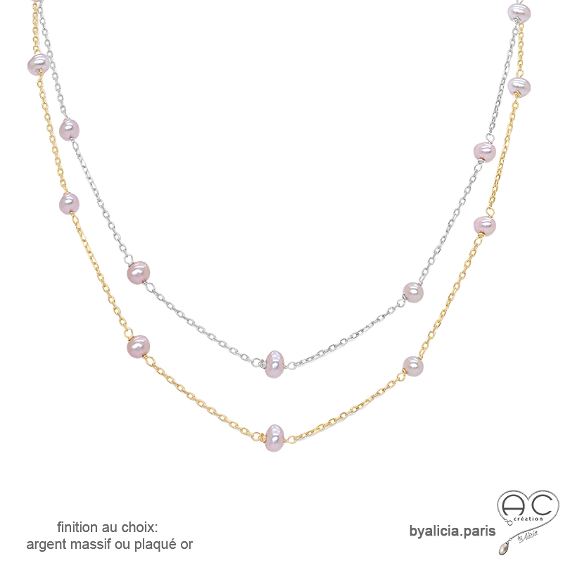 collier sautoir en perles roses de culture d'eau douce sur une chaîne fine en plaqué or ou en argent massif rhodié fait main