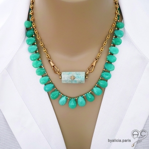 pendentif  JILL amazonite pierre fine etoile brillante plaqué or pour chaînes gros maillons ras du cou fait sur mesure