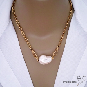pendentif  JILL grande perle baroque plaqué or pour chaînes gros maillons ras du cou