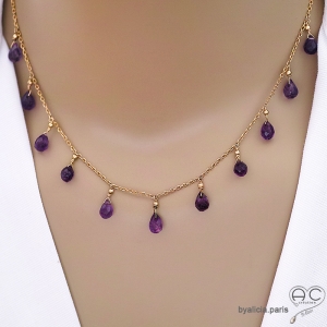 Collier améthyste, pampilles gouttes sur une chaîne en plaqué or, fait sur mesure à la main en France