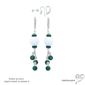 boucles d'oreilles en agate blanche et malachite, argent massif, longues, pendantes en pierres naturelles fait main