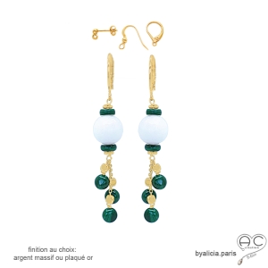 boucles d'oreilles en agate blanche et malachite, plaqué or, longues, pendantes en pierres naturelles fait main