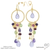 boucles d'oreilles longues anneau diamantée en plaqué or avec pampilles en pierres améthyste, rubis et péridot, fait main