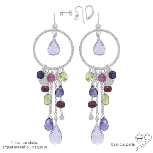 boucles d'oreilles longues anneau diamantée en argent avec pampilles en pierres améthyste, rubis et péridot, fait main