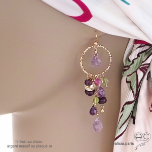 Boucles d'oreilles pampilles améthyste, rubis, péridot sur anneaux diamantées plaqué or ou argent, fait main, création by Alicia