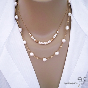 collier ras du cou femme en perles naturelles blanches sur une chaîne en plaqué or réalisé à la main sur mesure