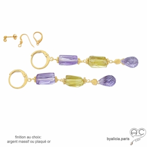 boucles d'oreilles plaqué or ou argent et pierres, violet améthyste, jaune citrine, fait sur mesure à la main