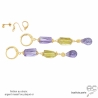 boucles d'oreilles plaqué or ou argent et pierres, violet améthyste, jaune citrine, fait sur mesure à la main