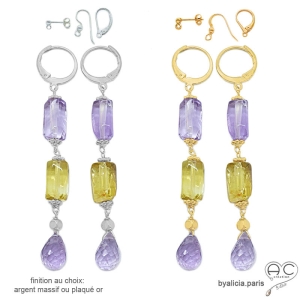 Boucles d'oreilles longues avec amétrine, améthyste, citrine en plaqué or ou en argent