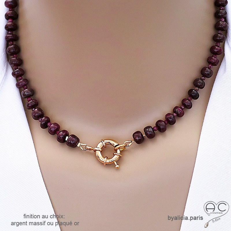 Collier en rubis véritable avec grand fermoir en plaqué or ou en argent, ras de cou femme, création by Alicia