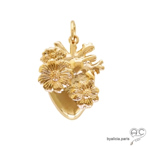 Grand pendentif coeur avec fleurs en plaqué or, bijou d'inspiration Mexicaine