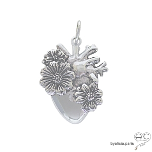 Grand pendentif coeur avec fleurs en argent massif, bijou d'inspiration Mexicaine