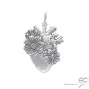Grand pendentif coeur avec fleurs en argent massif, bijou d'inspiration Mexicaine
