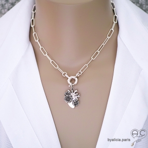 grand pendentif coeur fleuri en argent 925, bijou d'inspiration mexicain