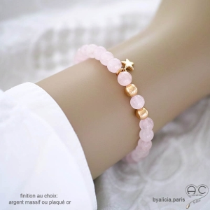 Bracelet quartz rose et étoile en plaqué or ou en argent sur élastique, création by Alicia