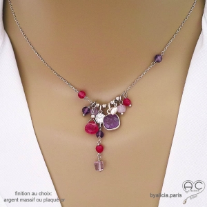 Collier améthyste et argent massif 925, bijou artisanal fait main en France, création by Alicia