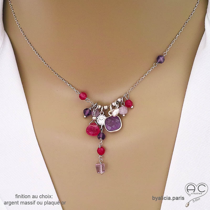 Collier améthyste et argent massif 925, bijou artisanal fait main en France, création by Alicia
