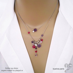 collier violet femme artisanal en améthyste et argent réalisé à la main en France