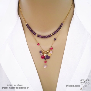collier violet femme artisanal en améthyste et plaqué or réalisé à la main en France
