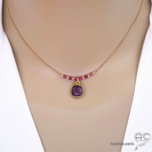 collier femme avec pierre améthyste violette et petites perles rhodolite fait main