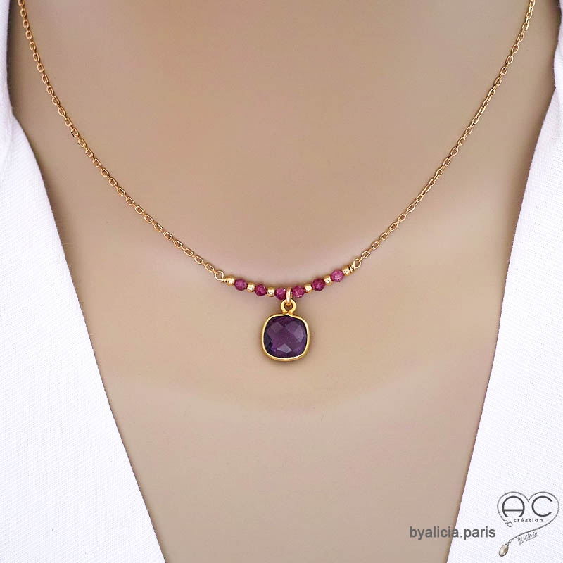 collier femme avec pierre améthyste violette et petites perles rhodolite fait main collier femme avec pierre améthyste violette et petites perles rhodolite fait main