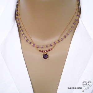 collier avec la pierre centrale en améthyste taillée, montée sur plaqué or réalisé sur mesure à la main