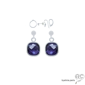 Boucles d'oreilles améthyste et argent massif 925, pierre naturelle, pendantes