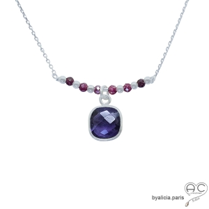 Collier améthyste entouré des petites grenats  sur une chaîne en argent massif, ras de cou, création by Alicia