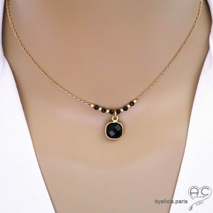 collier noir femme en pierre naturelle onyx et plaqué or fait main