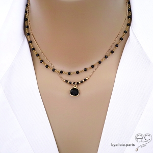 collier pierre naturelle noire agate plaqué or bijou créateur