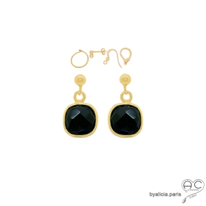 Boucles d'oreilles agate noire et plaqué or, pierre naturelle, pendantes, fait main