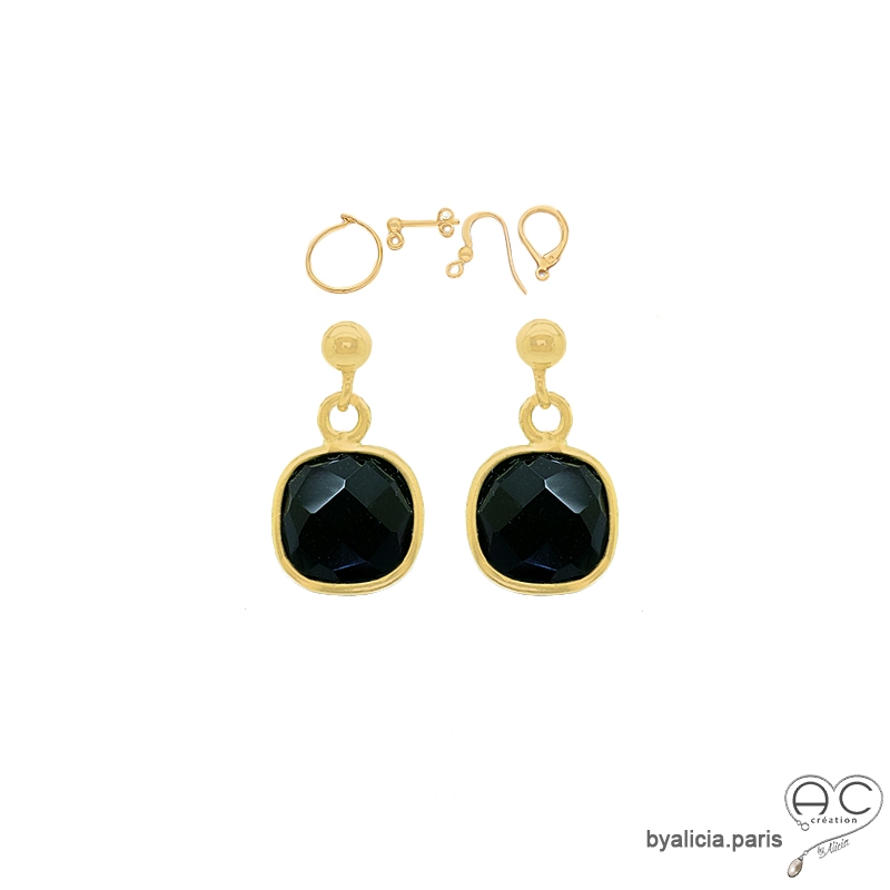Boucles d'oreilles agate noire et plaqué or, pierre naturelle, pendantes, fait main