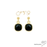 Boucles d'oreilles agate noire et plaqué or, pierre naturelle, pendantes, fait main