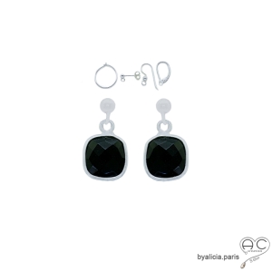 Boucles d'oreilles agate noire et argent, pierre naturelle, pendantes, fait main