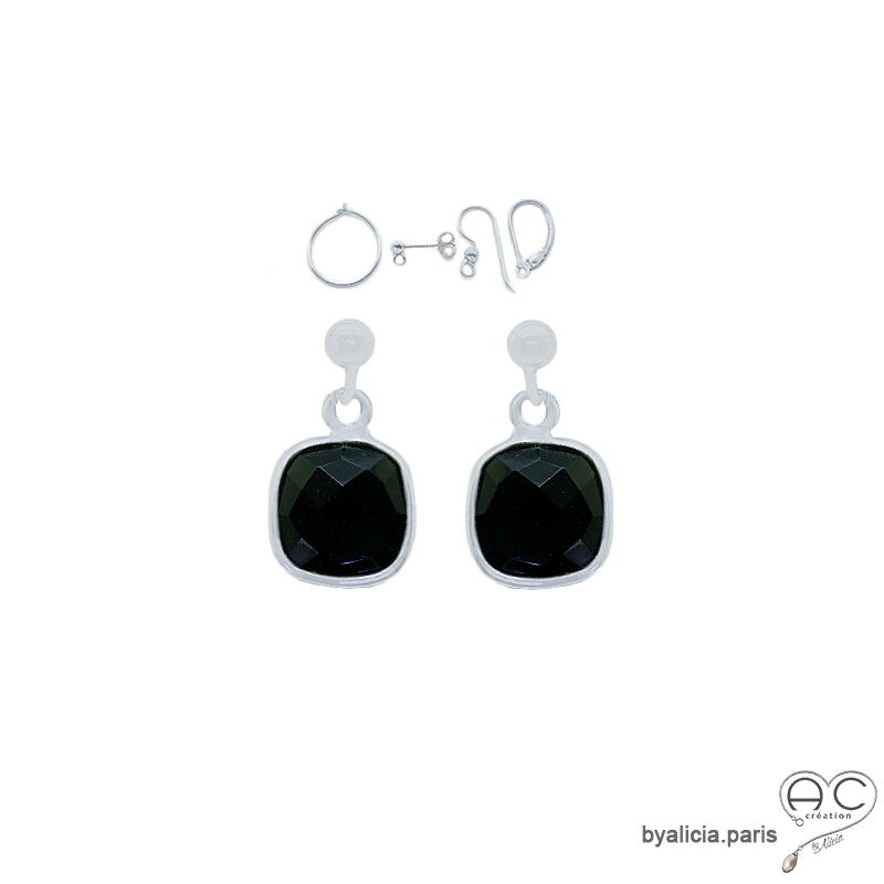 Boucles d'oreilles agate noire et argent, pierre naturelle, pendantes, fait main