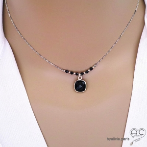 collier noir femme en pierre naturelle onyx et argent 925 fait main