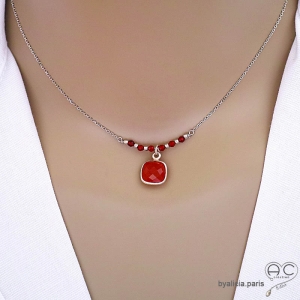 Collier cornaline entouré des petites cornalines orange sur une chaîne en argent massif 925, ras de cou, création by Alicia