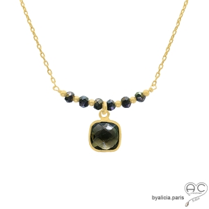 collier femme quartz fumé et plaqué or fait main en France