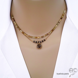 collier ras de cou dorré avec pierre naturelle marron quartz fumé réalisé à la main