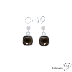 Boucles d'oreilles quartz fumé et argent massif 925, pierre naturelle, pendantes, création by Alicia