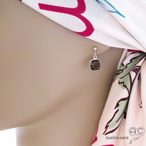 Boucles d’oreilles quartz fumé portées – bijou argent fait main en France