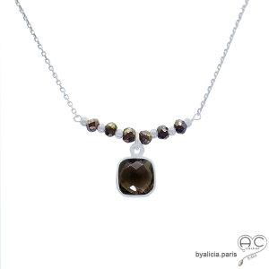 collier ras de cou femme en quartz fumé et argent 925, bijou artisanal