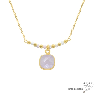 collier en quartz rose et opale rose, plaqué or 3 microns,  ras de cou femme en pierres naturelles fait main