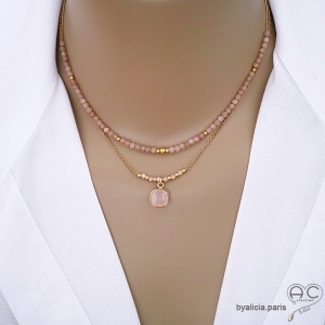 bijou artisanal collier rose femme en pierre naturelle quartz rose et plaqué or